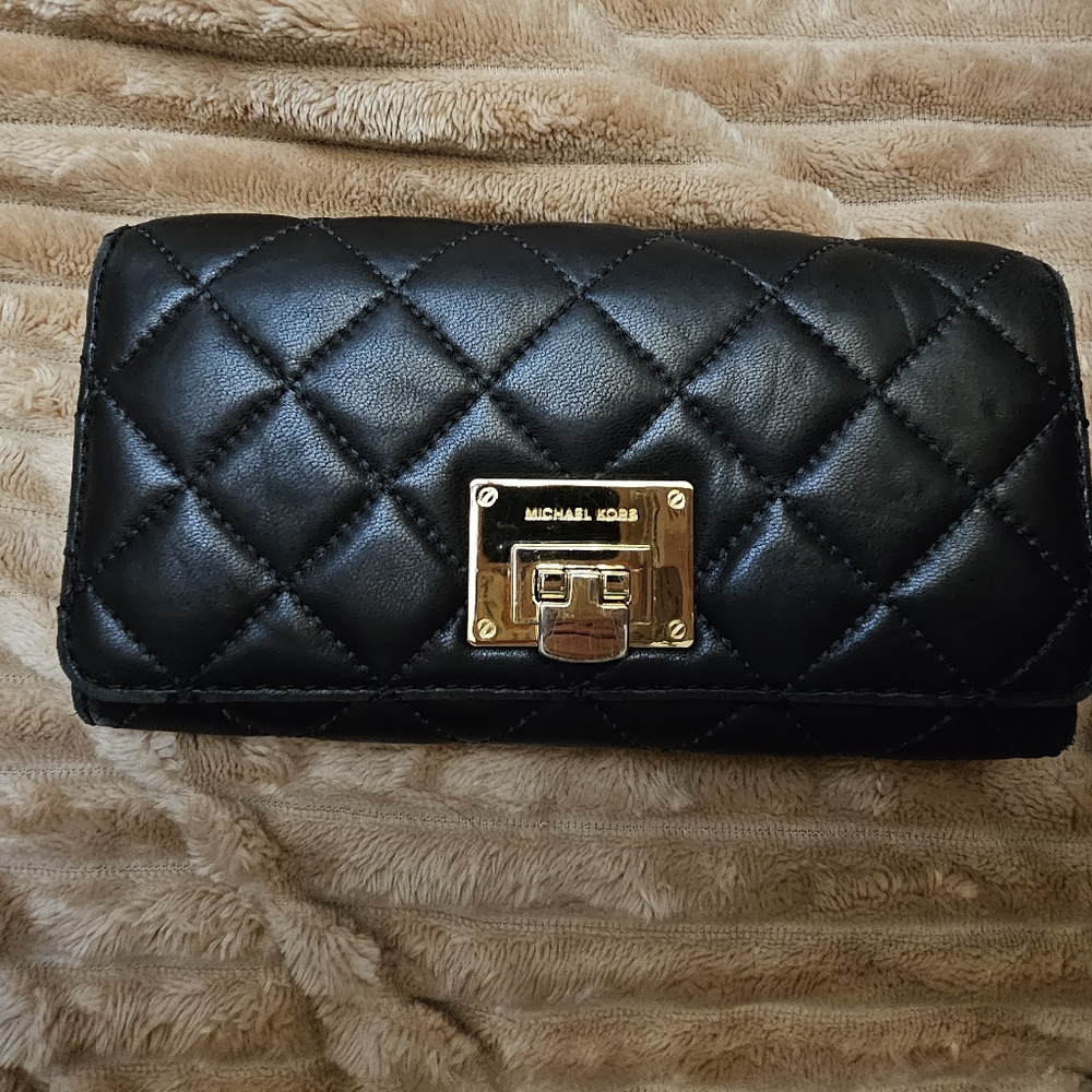 Michael Kors Black Quilted Wallet with Gold Accents